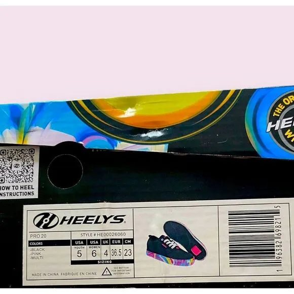 HEELYS Sneakers Pro 20 NEW Rainbow Wheeled Shoes Multicolor Pink Black Size 5