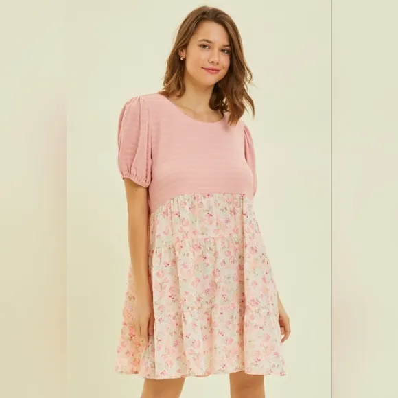 HEYSON Full Size Round Neck Floral Ruffle Hem Mini Dress