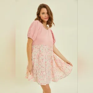 HEYSON Full Size Round Neck Floral Ruffle Hem Mini Dress