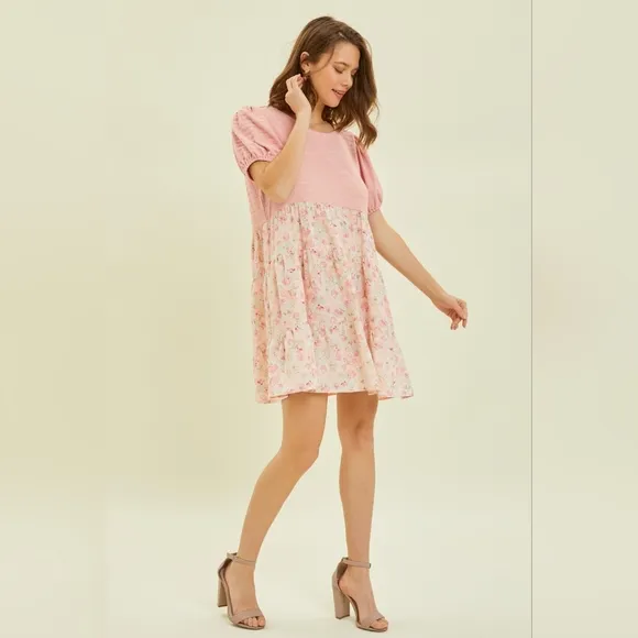 HEYSON Full Size Round Neck Floral Ruffle Hem Mini Dress