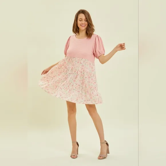 HEYSON Full Size Round Neck Floral Ruffle Hem Mini Dress