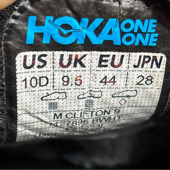 Hoka One One Mens Clifton 9 1127895 BWHT Black Running Shoes Sneakers Sz 10 D