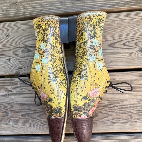 ICON Yellow and Brown Flats with Floral Design