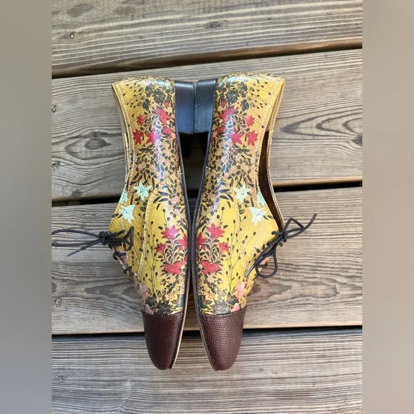 ICON Yellow and Brown Flats with Floral Design