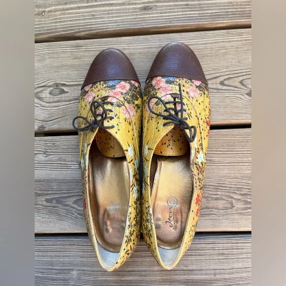ICON Yellow and Brown Flats with Floral Design