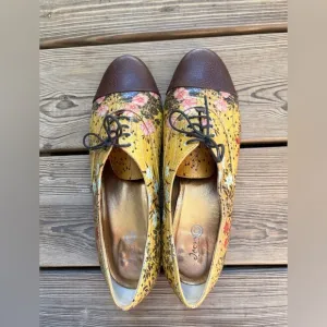 ICON Yellow and Brown Flats with Floral Design