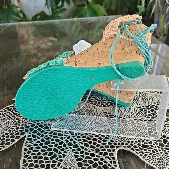 IRREGULAR CHOICE TEAL/PEACH TIE UP WEDGE CORK SANDALS! NEW IN BOX, NEVER WORN!