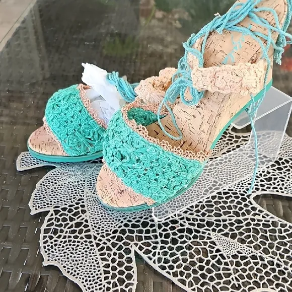 IRREGULAR CHOICE TEAL/PEACH TIE UP WEDGE CORK SANDALS! NEW IN BOX, NEVER WORN!