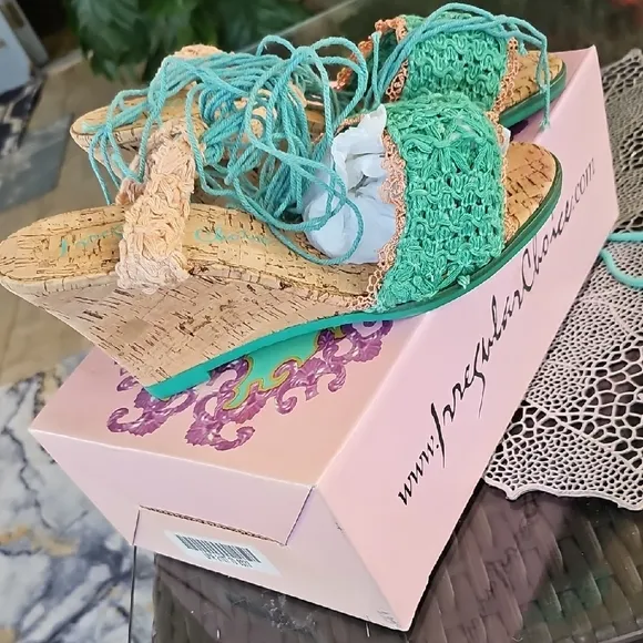 IRREGULAR CHOICE TEAL/PEACH TIE UP WEDGE CORK SANDALS! NEW IN BOX, NEVER WORN!