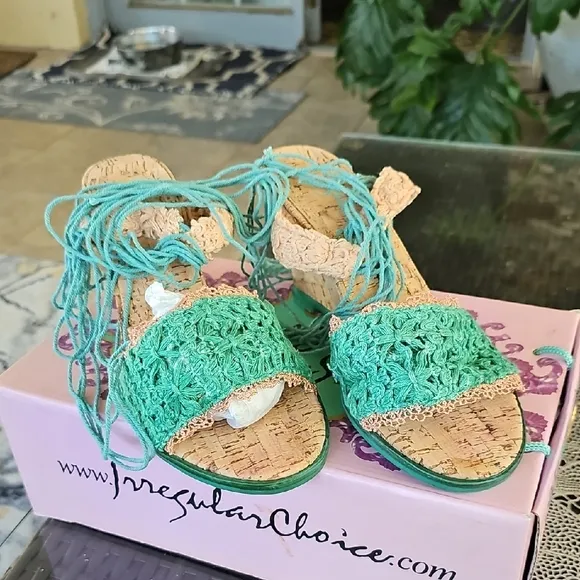 IRREGULAR CHOICE TEAL/PEACH TIE UP WEDGE CORK SANDALS! NEW IN BOX, NEVER WORN!