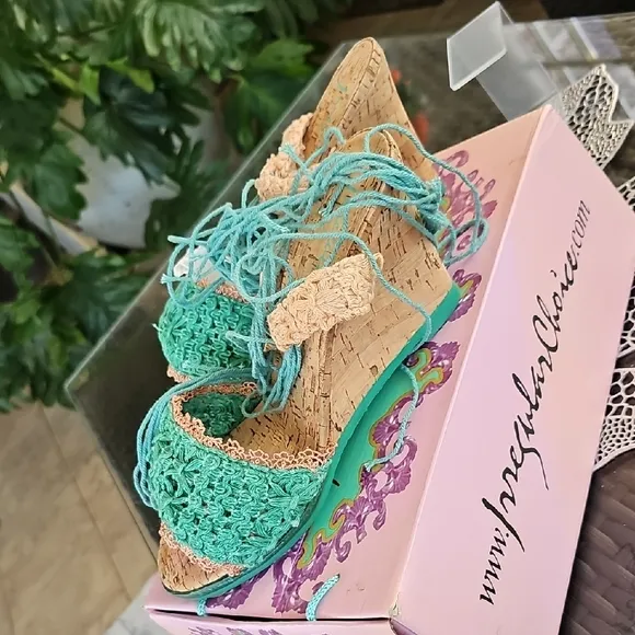 IRREGULAR CHOICE TEAL/PEACH TIE UP WEDGE CORK SANDALS! NEW IN BOX, NEVER WORN!