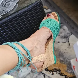 IRREGULAR CHOICE TEAL/PEACH TIE UP WEDGE CORK SANDALS! NEW IN BOX, NEVER WORN!