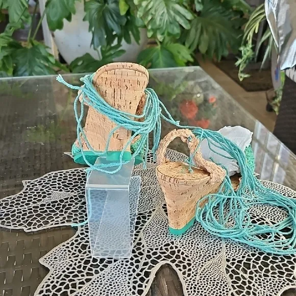 IRREGULAR CHOICE TEAL/PEACH TIE UP WEDGE CORK SANDALS! NEW IN BOX, NEVER WORN!