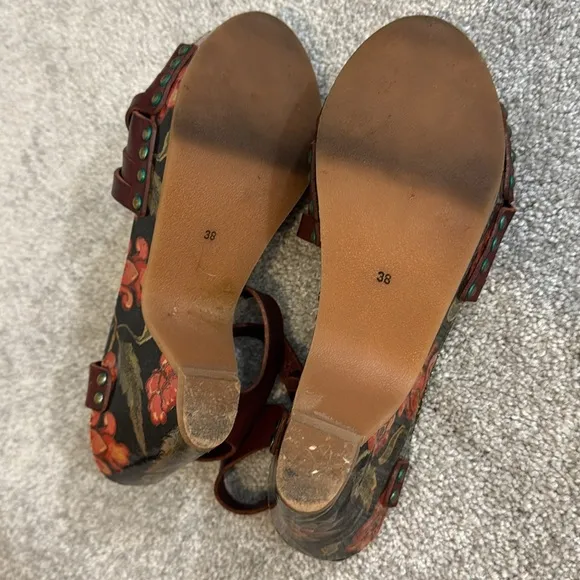 Isabel Marant Red Henna Bianca Leather Wooden Wedge Floral Print Sandals size 8