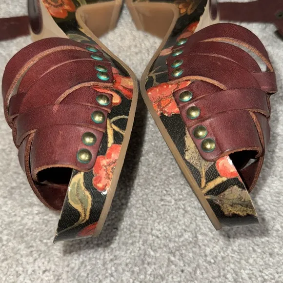 Isabel Marant Red Henna Bianca Leather Wooden Wedge Floral Print Sandals size 8