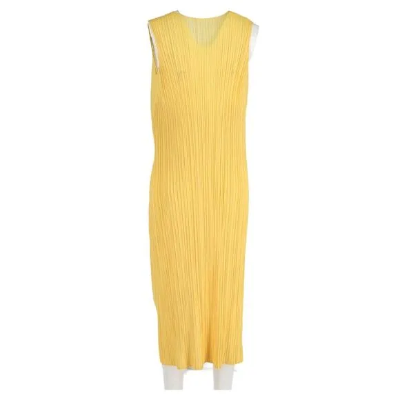 Issey Miyake Pleats Please Midi Dress in Yellow Polyester