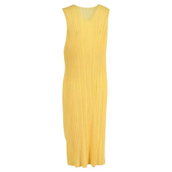 Issey Miyake Pleats Please Midi Dress in Yellow Polyester