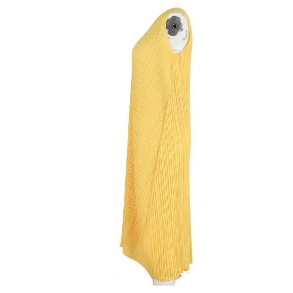 Issey Miyake Pleats Please Midi Dress in Yellow Polyester