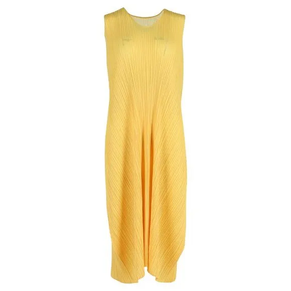 Issey Miyake Pleats Please Midi Dress in Yellow Polyester