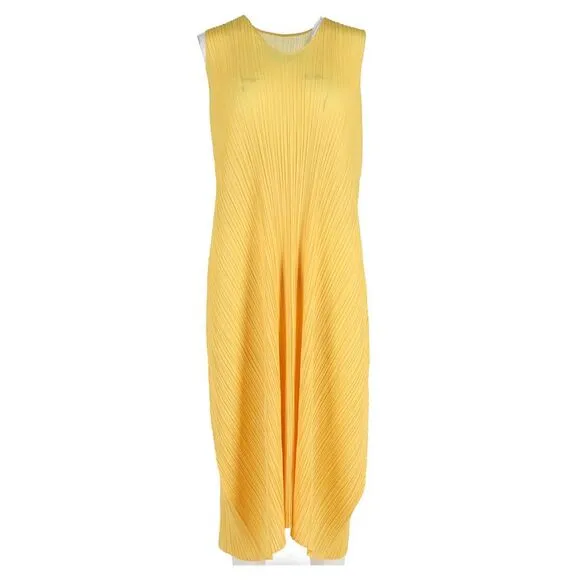 Issey Miyake Pleats Please Midi Dress in Yellow Polyester