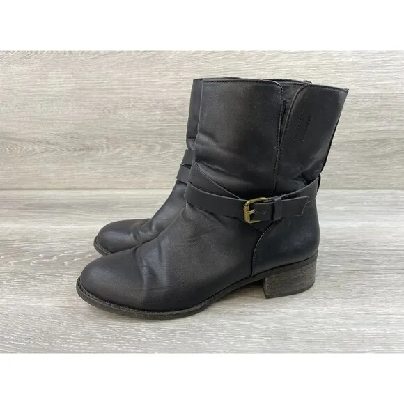 J. Crew Bayley Women's US 9 Black Leather Buckle Stacked Heel Biker Ankle Bootie