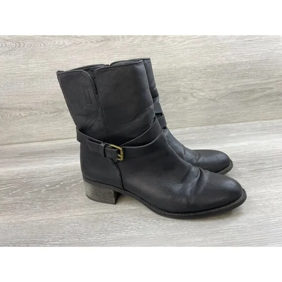 J. Crew Bayley Women's US 9 Black Leather Buckle Stacked Heel Biker Ankle Bootie