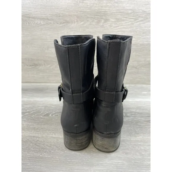 J. Crew Bayley Women's US 9 Black Leather Buckle Stacked Heel Biker Ankle Bootie