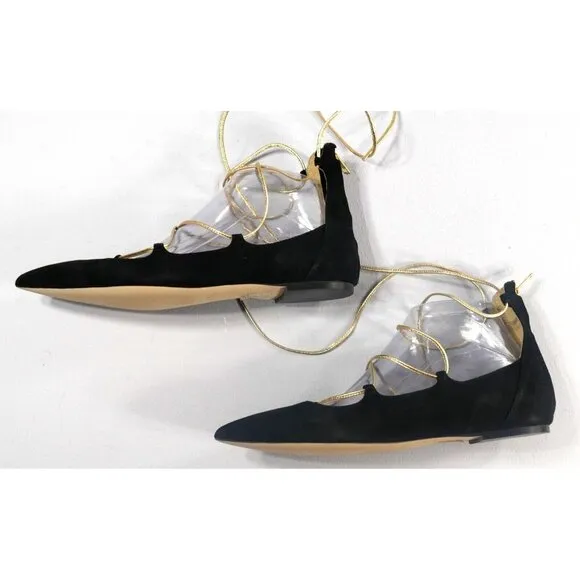J Crew Black Suede Ballet Flats Gold Lace Up Shoes Back Zip Womens Size 8.5 New