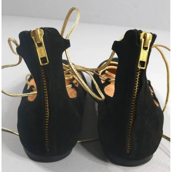 J Crew Black Suede Ballet Flats Gold Lace Up Shoes Back Zip Womens Size 8.5 New
