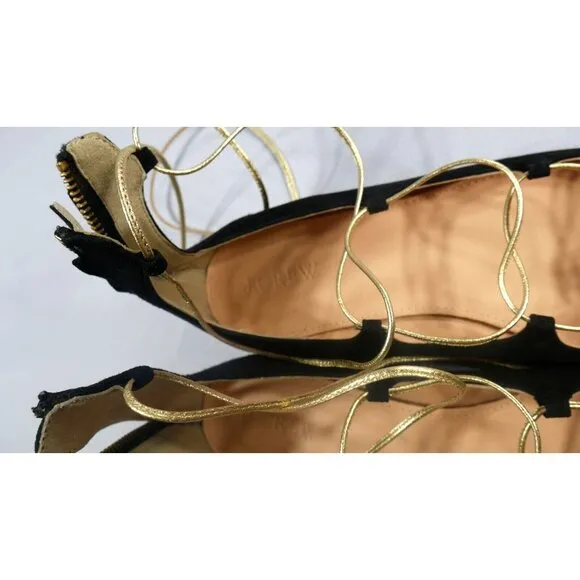 J Crew Black Suede Ballet Flats Gold Lace Up Shoes Back Zip Womens Size 8.5 New