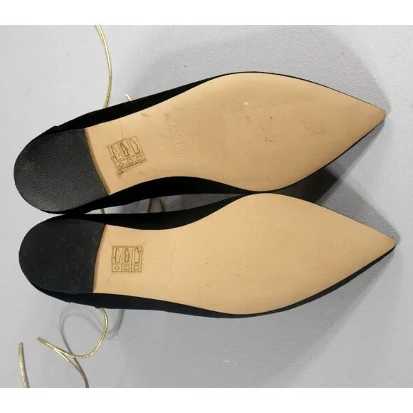 J Crew Black Suede Ballet Flats Gold Lace Up Shoes Back Zip Womens Size 8.5 New