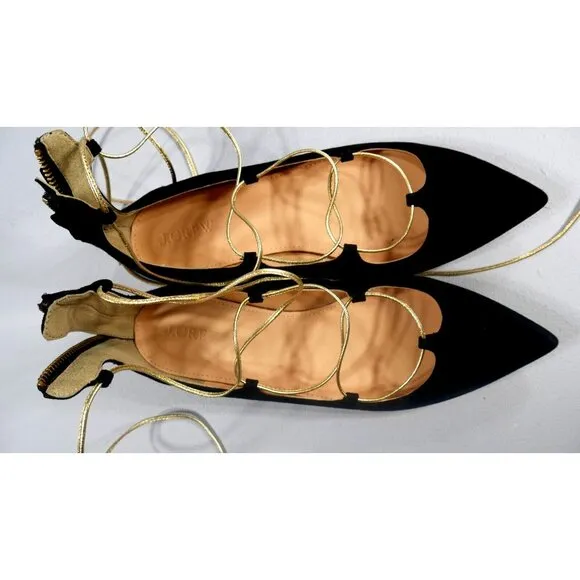 J Crew Black Suede Ballet Flats Gold Lace Up Shoes Back Zip Womens Size 8.5 New