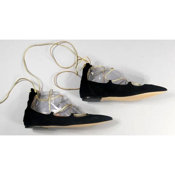 J Crew Black Suede Ballet Flats Gold Lace Up Shoes Back Zip Womens Size 8.5 New