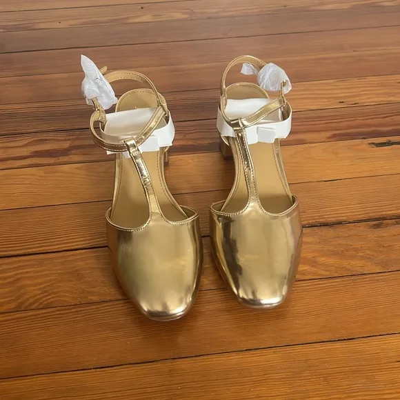 J. Crew Classic and Metallic Gold T-Strap Block Heel Shoes Size 7 - New in Box