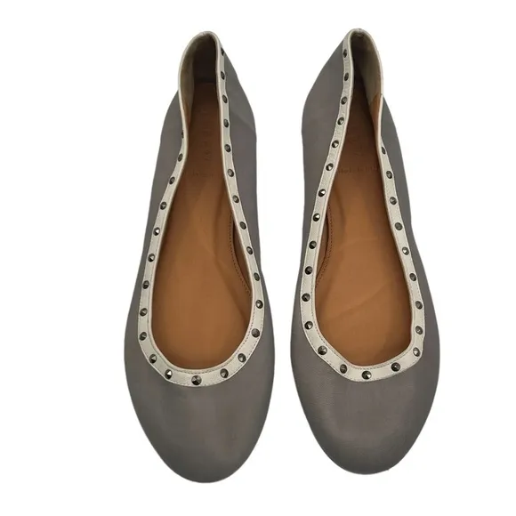 J Crew Gray Cream Trim Studded Embellished Ballet Flats Size 8 1/2 Women's
