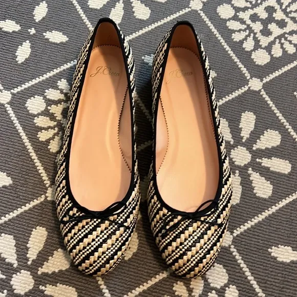 J. Crew Kiki Ballet Flats in Rafia Stripes Tan and Black Size 8.5