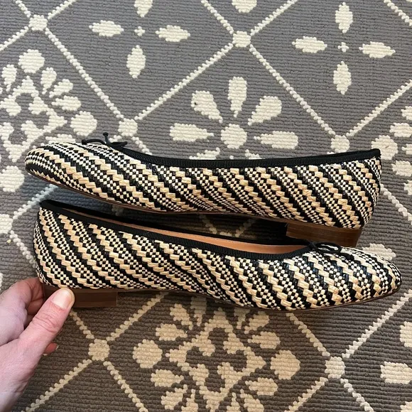 J. Crew Kiki Ballet Flats in Rafia Stripes Tan and Black Size 8.5