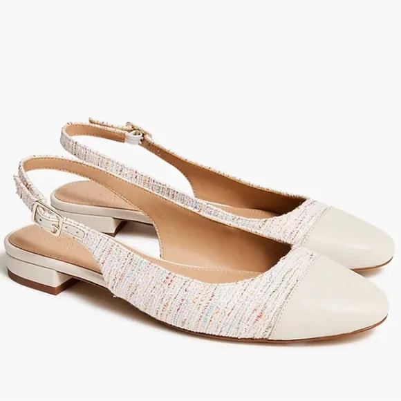 J. Crew Tweed Slingback Shoes Multicolor Cream Leather Cap Toe