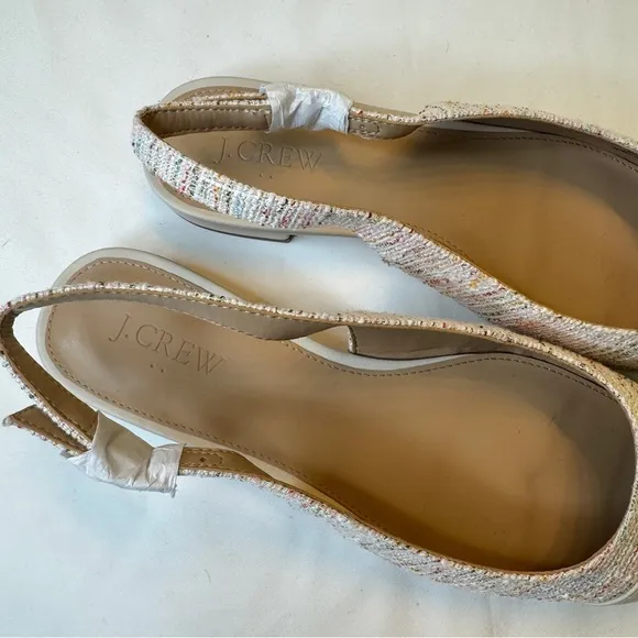 J. Crew Tweed Slingback Shoes Multicolor Cream Leather Cap Toe