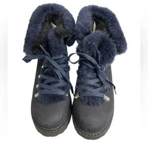 J Crew women’s Navy Blue Shearling Lined Combat Winter Boots Sz 8.5 Like New