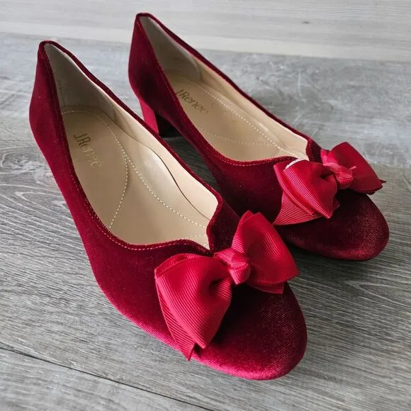 J. Renee Cameo Red Velvet Low-Heel Pump Dress Shoes w/ Bow Accents Size 9M