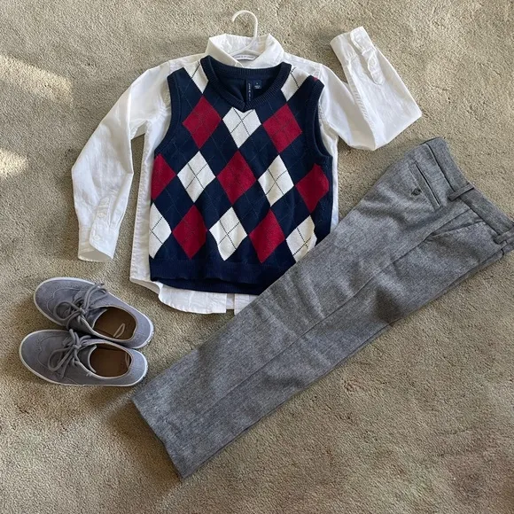 Janie and Jack set boys vest, white button down shirt, wool dress pants size 6