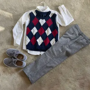 Janie and Jack set boys vest, white button down shirt, wool dress pants size 6