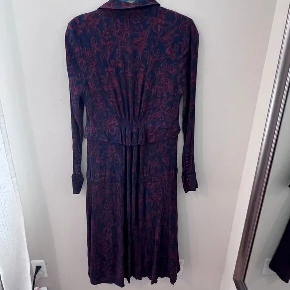 Jason Wu Floral Print Long Sleeve Button‎ Down Maxi Dress Navy Red Size 10