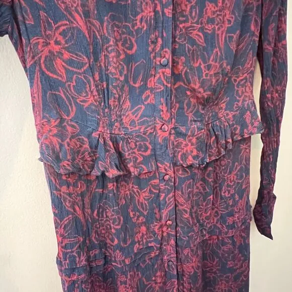 Jason Wu Floral Print Long Sleeve Button‎ Down Maxi Dress Navy Red Size 10