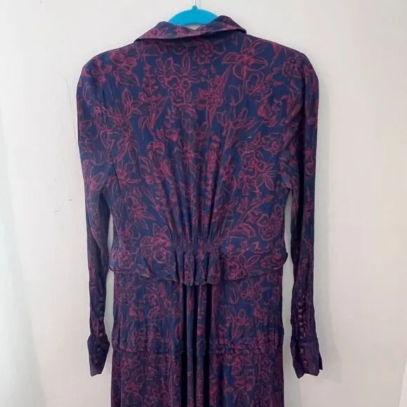 Jason Wu Floral Print Long Sleeve Button‎ Down Maxi Dress Navy Red Size 10