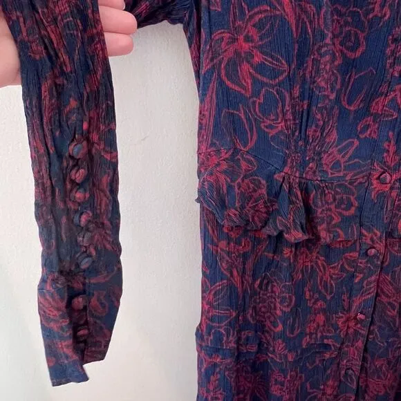 Jason Wu Floral Print Long Sleeve Button‎ Down Maxi Dress Navy Red Size 10