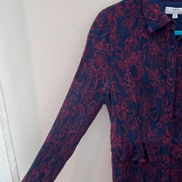 Jason Wu Floral Print Long Sleeve Button‎ Down Maxi Dress Navy Red Size 10