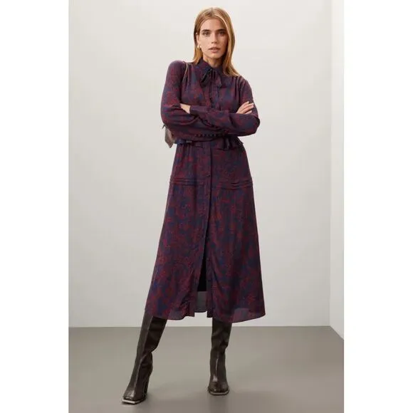 Jason Wu Floral Print Long Sleeve Button‎ Down Maxi Dress Navy Red Size 10