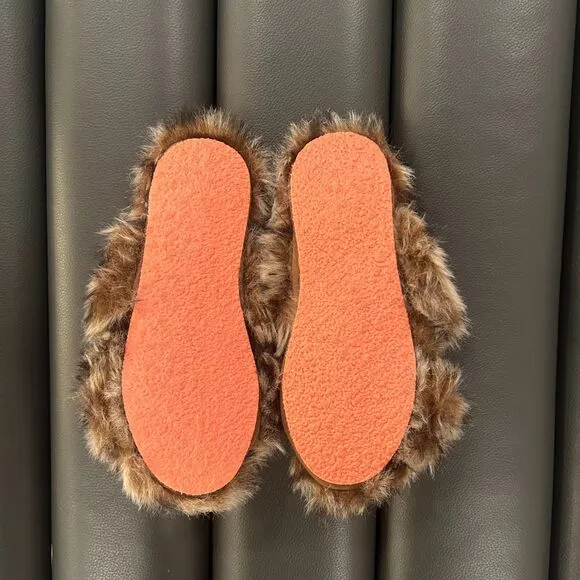 J.Crew Crewcuts Leopard Faux Fur Furry Slippers Brown Size K10
